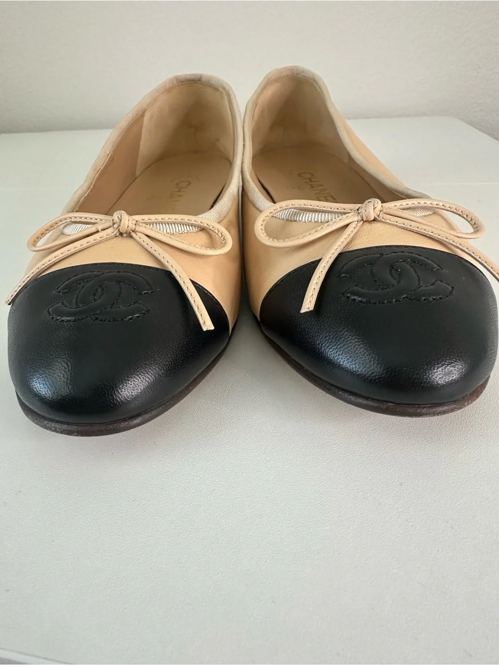 CHANEL Lambskin Cap Toe CC Ballerina Flats  Beige Black SZ EUR 38